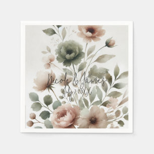 Stoffige Olijf & Roze Aquarel Bloem Bruiloft Servet