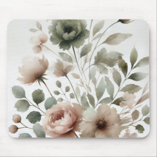 Stoffige Olijf & Roze Aquarel Moderne Bloemen Muismat