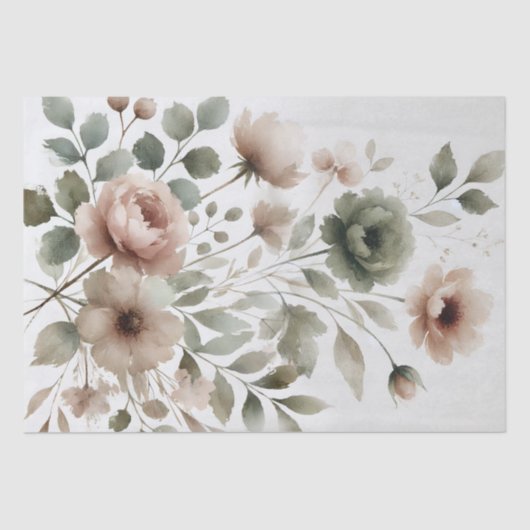 Stoffige Olijf & Roze Aquarel Moderne Bloemen  Tissuepapier (Voorkant)
