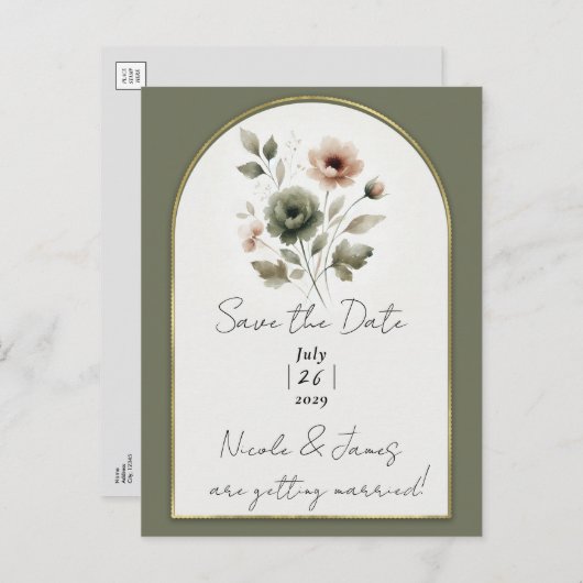 Stoffige Olijf Roze & Goud Waterverf Bloemen Aankondigingskaart (Voorkant / Achterkant)