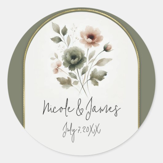 Stoffige Olijf Roze & Goud Waterverf Bloemen Ronde Sticker (Voorkant)