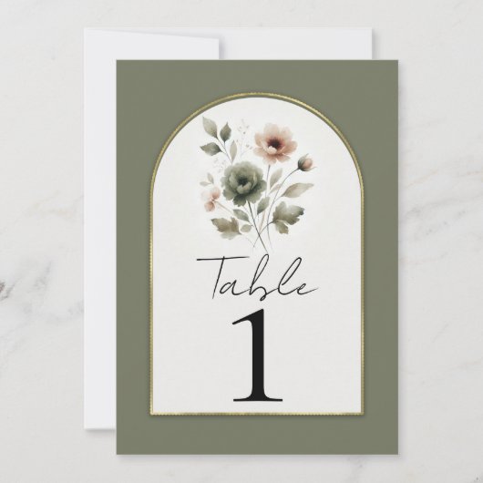 Stoffige Olijf Roze Gouden Waterverf Bloementafel Kaart (Voorkant)