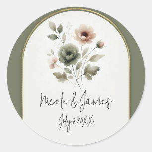 Stoffige Olijfgroen Roze & Gouden Waterverf Bloeme Ronde Sticker