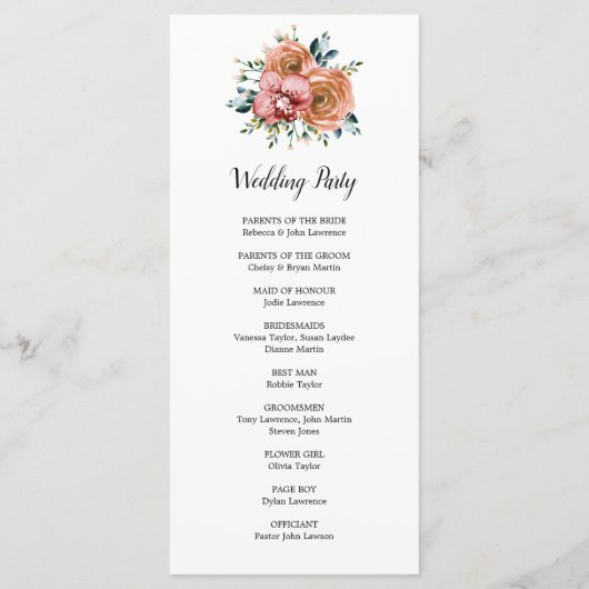 Stoffige Oranje Rozen Wijnorchideeën Trouwceremoni Programmakaart (Achterkant)