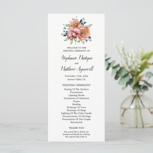 Stoffige Oranje Rozen Wijnorchideeën Trouwceremoni Programmakaart (Staand voorkant)