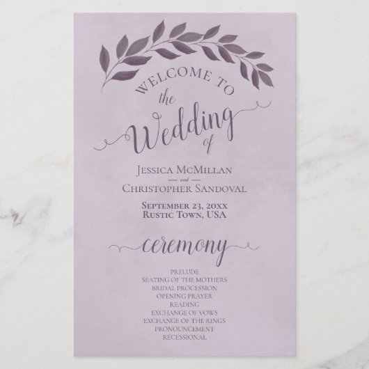 Stoffige Paarse bladeren budget bruiloft programma (Voorkant)