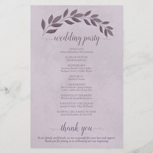 Stoffige Paarse bladeren budget bruiloft programma (Achterkant)