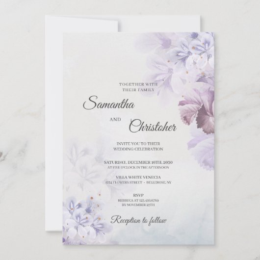 Stoffige paarse blauw bruin ivoor bloemenbruiloft kaart (Voorkant)