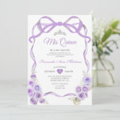 Stoffige Paarse Bloemen Boog Lint Zilver Mis Quinc Kaart (Staand voorkant)