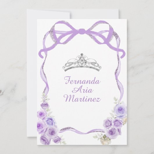 Stoffige Paarse Bloemen Boog Lint Zilver Mis Quinc Kaart (Achterkant)
