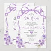 Stoffige Paarse Bloemen Boog Lint Zilver Mis Quinc Kaart (Voorkant / Achterkant)