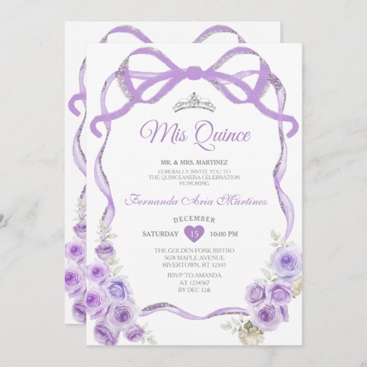 Stoffige Paarse Bloemen Boog Lint Zilver Mis Quinc Kaart (Voorkant / Achterkant)