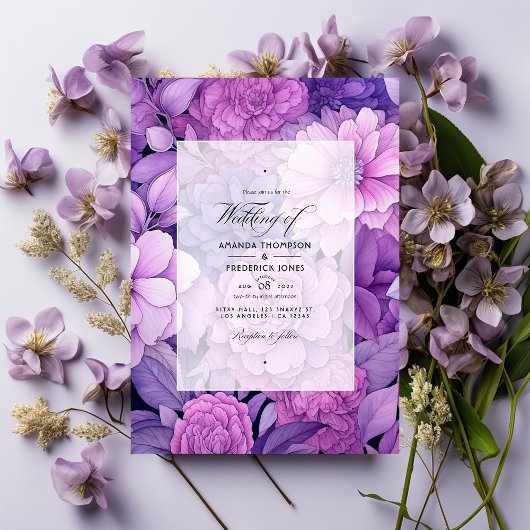 Stoffige Paarse Bloemen Bruiloft Kaart