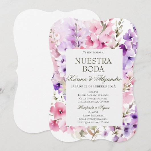 Stoffige Paarse Bloemen Elegante Boho Huwelijksuit Kaart (Voorkant / Achterkant)