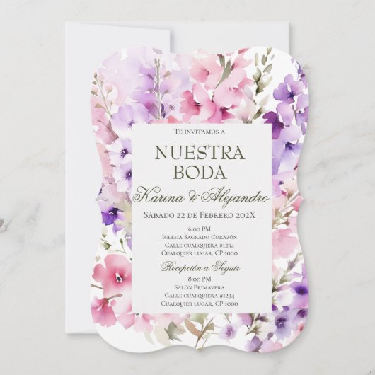 Stoffige Paarse Bloemen Elegante Boho Huwelijksuit Kaart (Voorkant)