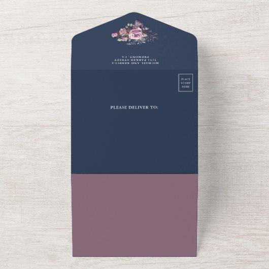 Stoffige Paarse Bloemen QR Code Marine Blauw Bruil All In One Uitnodiging (Buitenkant)