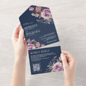 Stoffige Paarse Bloemen QR Code Marine Blauw Bruil All In One Uitnodiging (Afscheurbaar)