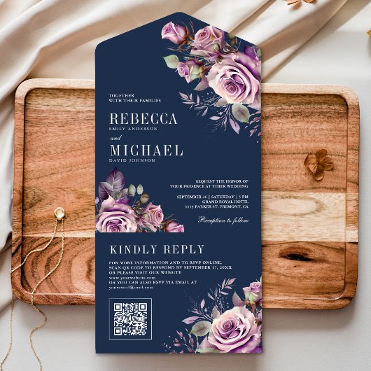 Stoffige Paarse Bloemen QR Code Marine Blauw Bruil All In One Uitnodiging