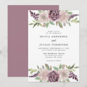 Stoffige Paarse Bloemen Waterverf Huwelijksuitnodi Kaart (Voorkant / Achterkant)