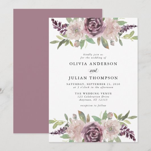 Stoffige Paarse Bloemen Waterverf Huwelijksuitnodi Kaart (Voorkant / Achterkant)