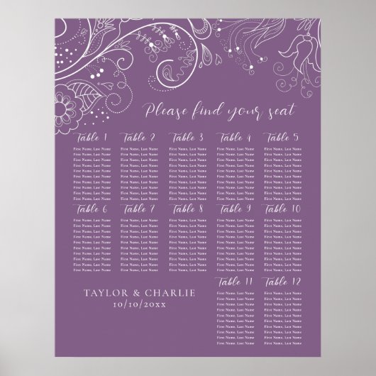 Stoffige Paarse Bloemenbruiloft 12 Tafel Zitkaart Poster (Voorkant)
