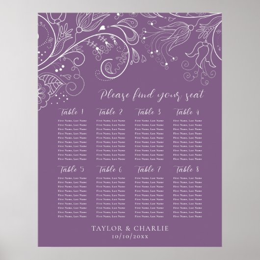 Stoffige Paarse Bloemenbruiloft 8 Tafels Zitkaart Poster (Voorkant)