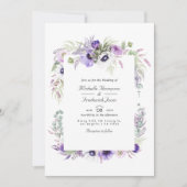 Stoffige Paarse Bloemencode QR Code RSVP Huwelijk Kaart (Voorkant)