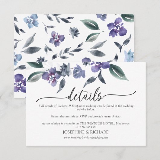 Stoffige Paarse Bloementuin Bruiloft Details Kaart (Voorkant / Achterkant)