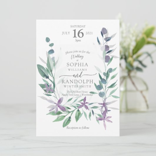 Stoffige Paarse bloementuin bruiloft invita Kaart (Staand voorkant)
