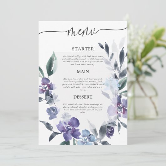 Stoffige Paarse bloementuin bruiloft menu, Kaart (Staand voorkant)