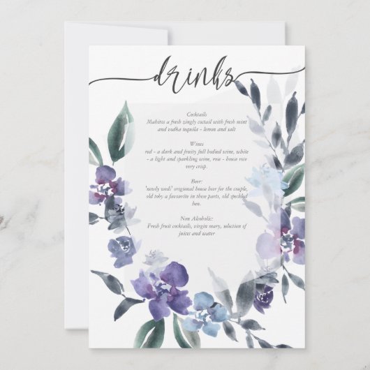 Stoffige Paarse bloementuin bruiloft menu, Kaart (Achterkant)