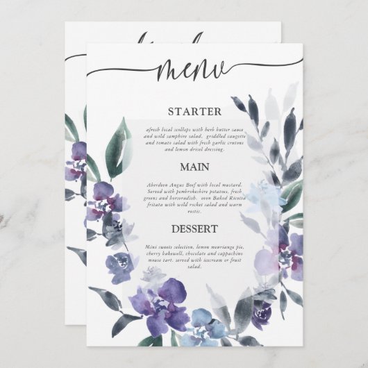 Stoffige Paarse bloementuin bruiloft menu, Kaart (Voorkant / Achterkant)