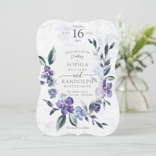 Stoffige Paarse Bloementuin bruiloft uitnodiging,  Kaart (Staand voorkant)