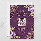 Stoffige Paarse Bloemig Gouden Kant QR Code Bruilo Kaart (Achterkant)