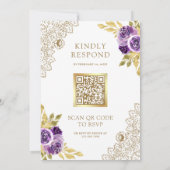 Stoffige Paarse Bloemrijke Kant Witte QR Code Trou Kaart (Achterkant)