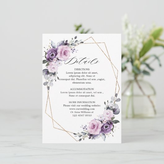 Stoffige paarse bloesems geometrische trouwdetails informatiekaartje (Staand voorkant)