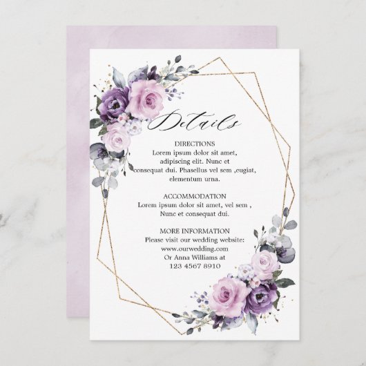Stoffige paarse bloesems geometrische trouwdetails informatiekaartje (Voorkant / Achterkant)