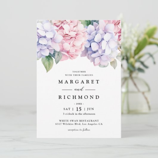 Stoffige Paarse & Blush Roze Hydrangea Bloemen Huw Kaart (Staand voorkant)