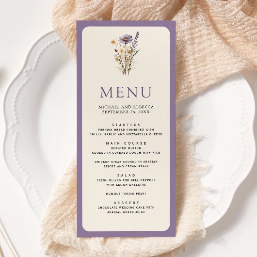Stoffige paarse boho-wildbloemhuwelijk menu