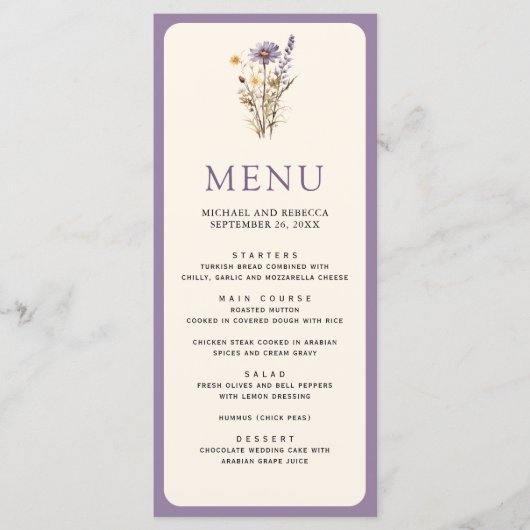 Stoffige Paarse Boho Wildflower bruiloft Menu (Voorkant)