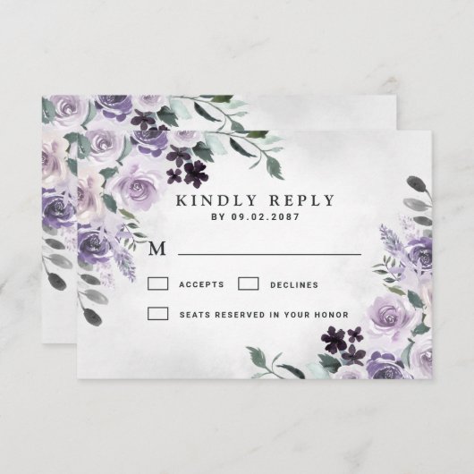 Stoffige paarse en zilvergrijze bloemrijke rustiek RSVP kaartje (Voorkant / Achterkant)