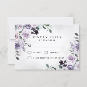 Stoffige paarse en zilvergrijze bloemrijke rustiek RSVP kaartje