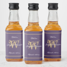Stoffige Paarse & Gouden Chique Monogram Bruiloft  Likeurfles Etiket