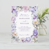 Stoffige Paarse Iris & Witte Pioen Botanische Brui Kaart (Staand voorkant)