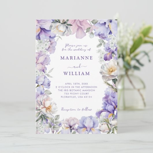 Stoffige Paarse Iris & Witte Pioen Botanische Brui Kaart (Staand voorkant)