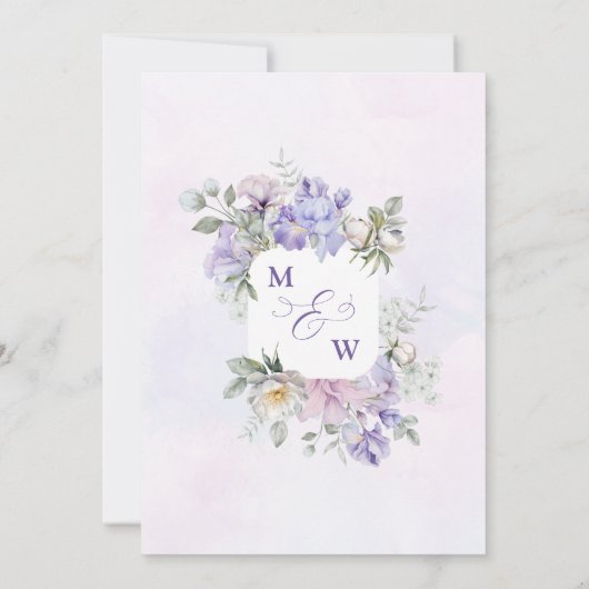 Stoffige Paarse Iris & Witte Pioen Botanische Brui Kaart (Achterkant)