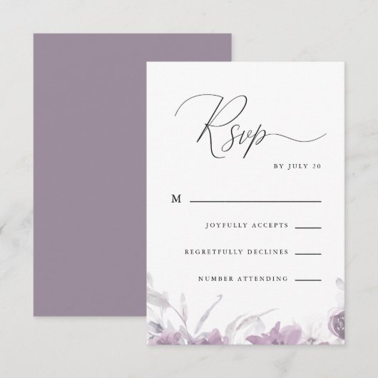 Stoffige Paarse Kalligrafie en Bloemen Rsvp (Voorkant / Achterkant)