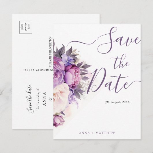 Stoffige Paarse Lavendel Bloemen bruiloft opslaan Briefkaart (Voorkant / Achterkant)