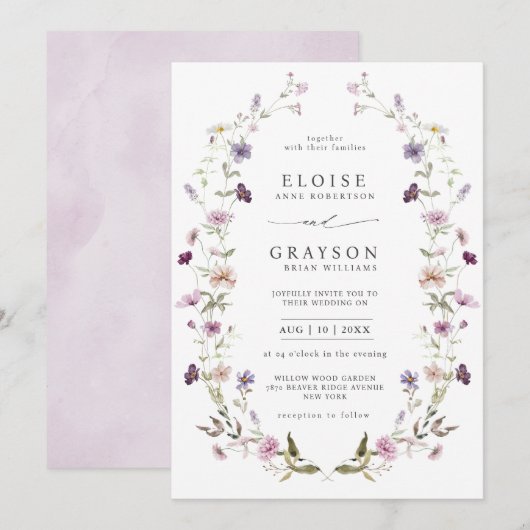 Stoffige Paarse Lavendel Wildflower Garden Wedding Kaart (Voorkant / Achterkant)