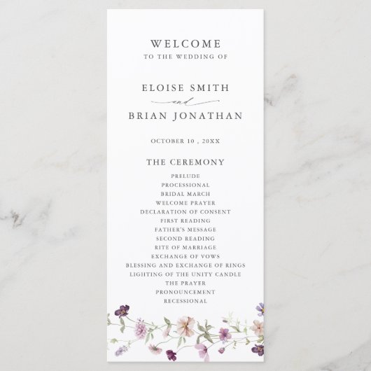Stoffige Paarse Lavendel Wildflower Garden Wedding Programmakaart (Voorkant)